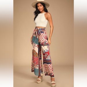 Lulu’s World Wanderer Cream Print High-Waist Wide-Leg Pants Beige Medium New